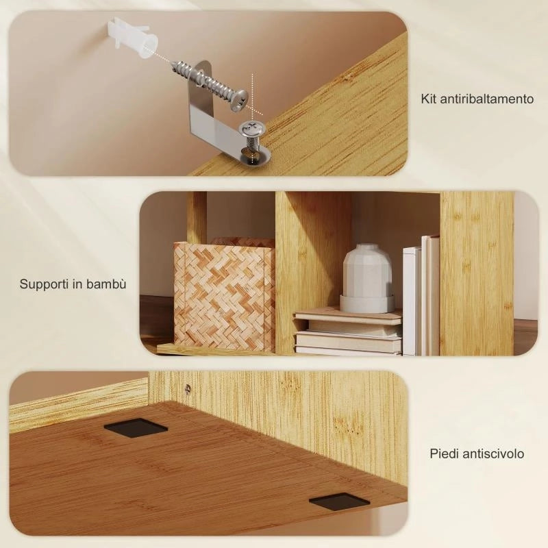 LIBRERIA MODERNA ASIMMETRICA A 5 LIVELLI IN BAMB¨, 62.5 X 23 X 165 CM, COLORE LEGNO NATURALE