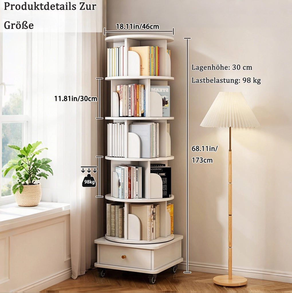 Libreria girevole 360° con ruote e cassetto, salvaspazio, bianco, MDF