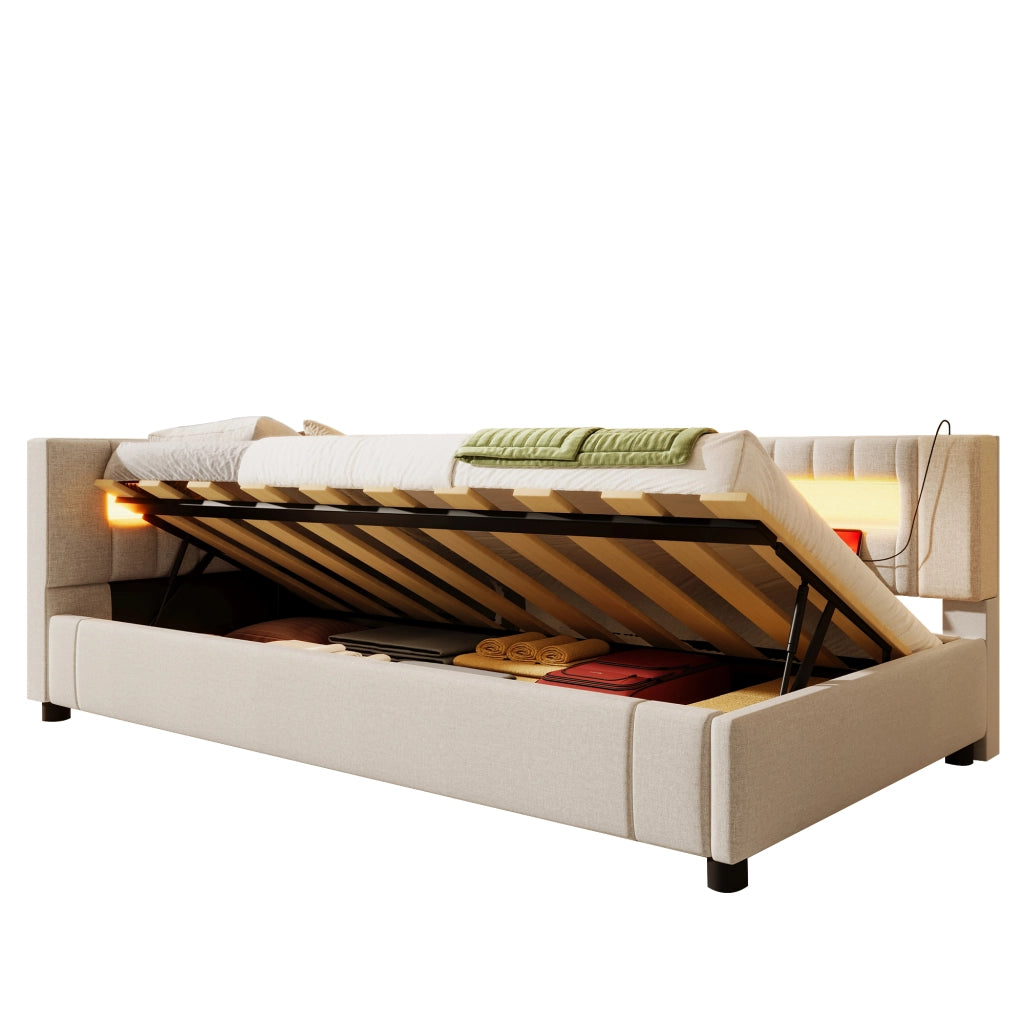 Lettino prendisole idraulico con luci LED e USB 90x200 cm colore beige lino