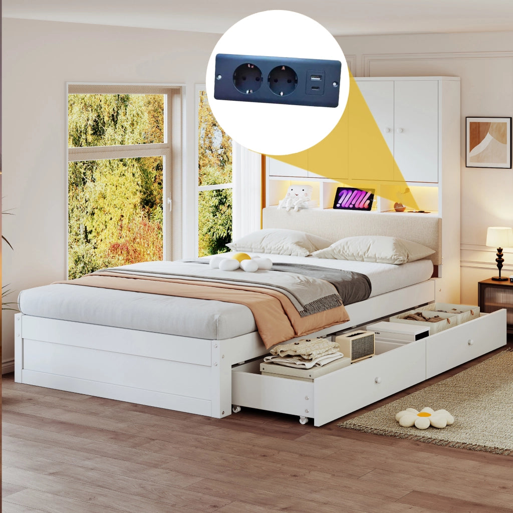 Letto singolo per bambini 90x200 cm con testiera imbottita; vani; LED; presa elettrica; cassetto e rete; legno bianco