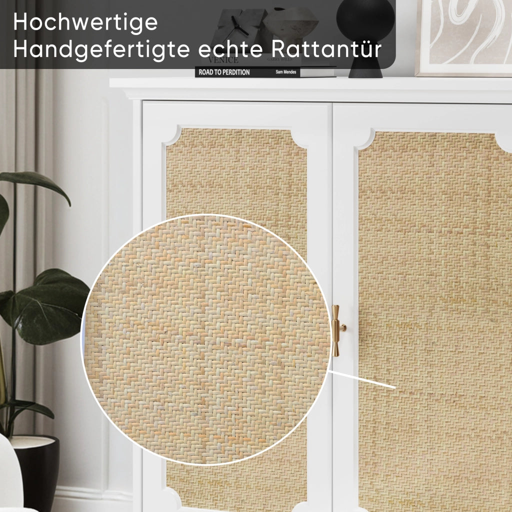 Credenza e madia con 2 ante in rattan, ripiano regolabile, in MDF e truciolare, per cucina e soggiorno, bianco, 80 × 38 × 86 cm