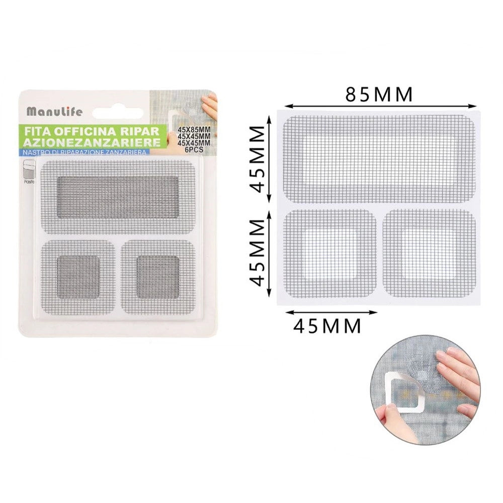 Trade Shop - Set 6 Toppe Adesive Rete Grigia Riparazione Fori Strappi Zanzariere 45x85mm/45x45mm 622157 -