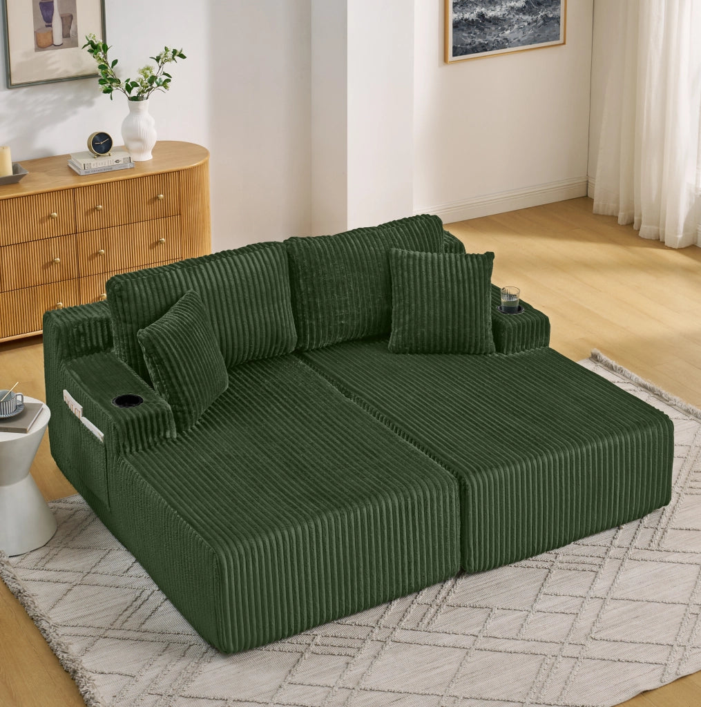 Divano 2 posti multifunzione; poltrona relax e letto; in velluto a coste verde