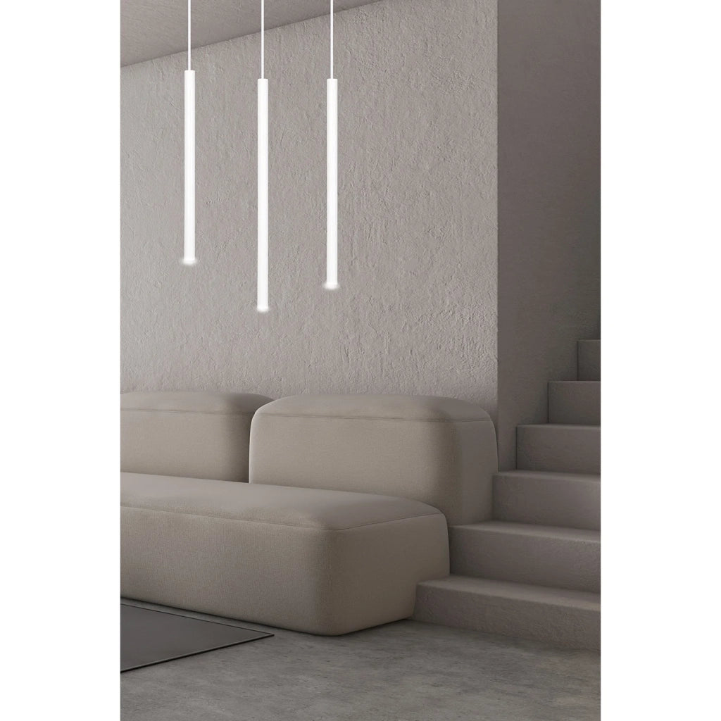 Lampadario 3 Luci Moderno Shu Acciaio Bianco E Paralumi A Cilindri Sottili