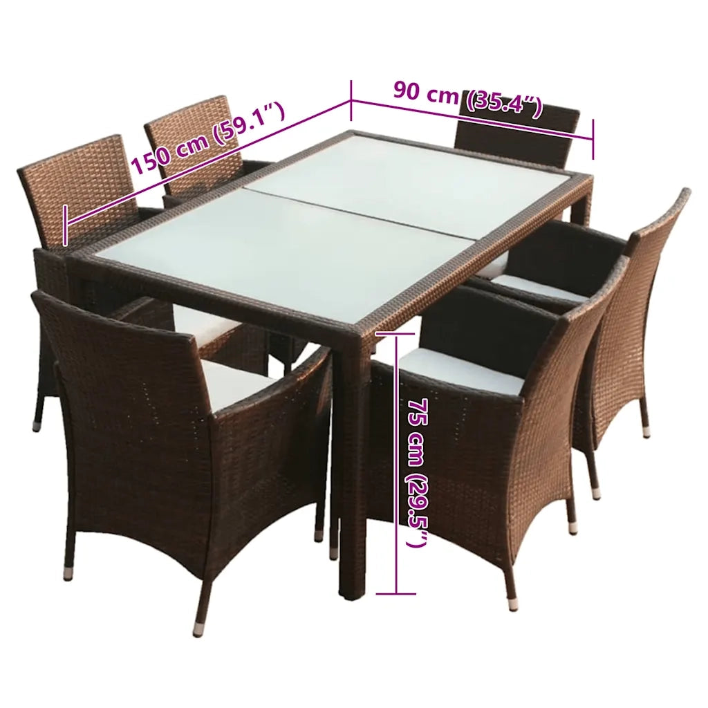 Set da Pranzo da Giardino 7 pz con Cuscini Polyrattan Marrone