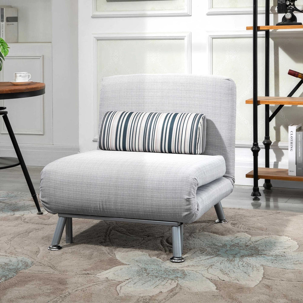 EasyComfort Poltrona Letto Singolo 3 in 1 con Schienale Reclinabile su 5 Livelli, Cuscino Imbottito e Materasso, Divano Letto Singolo Pieghevole per Soggiorno, in Acciaio e Lino, 75x70x75cm, Grigio Chiaro