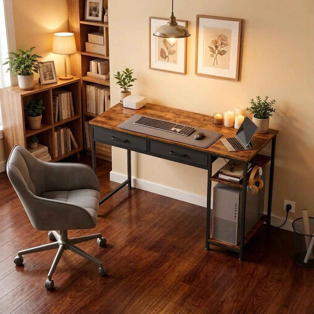 Scrivania con 2 cassetti, prese e porte USB, ripiano laterale, in legno ingegnerizzato e metallo marrone rustico