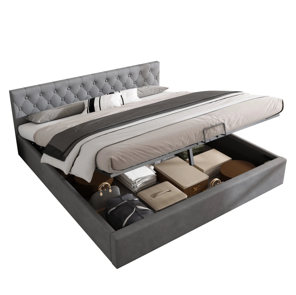 Letto matrimoniale imbottito 180x200 cm in velluto grigio con testiera capitonn茅 e contenitore