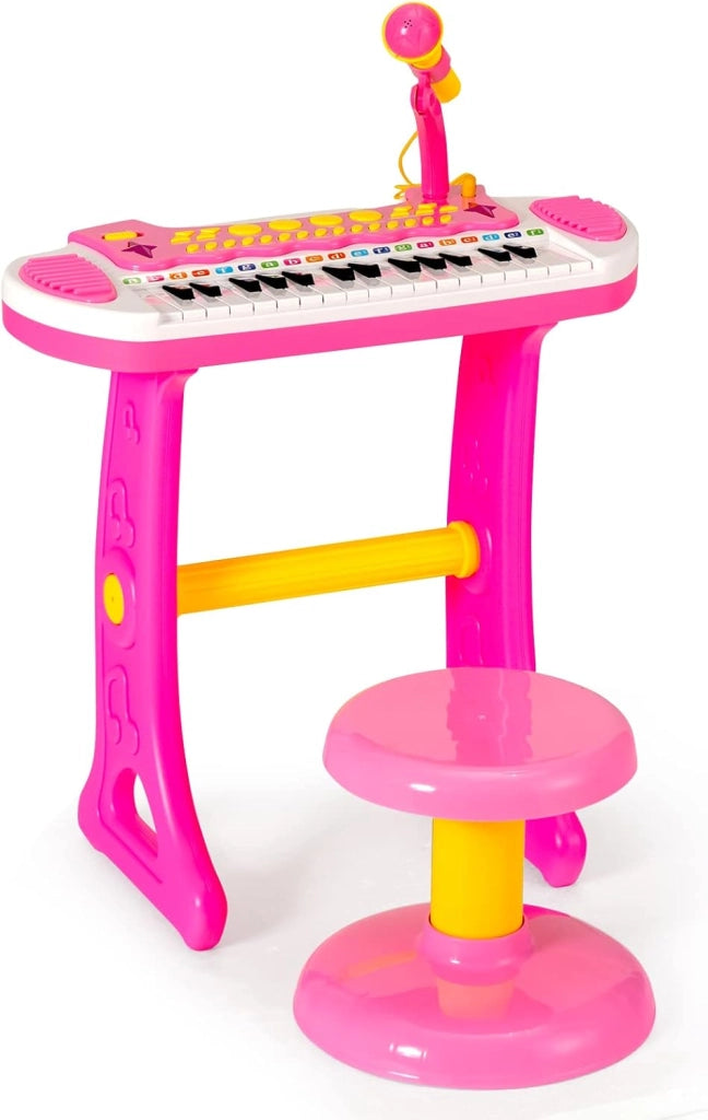 Pianola Bambini Musicale Tastiera, Tastiera Digitale a 31 Tasti, Mini Tastiera per Bambini con Effetti Luminosi e Microfono, Strumenti Musicali con Sgabello, 22 Battiti/8 Toni/7 Ritmi (Rosa)