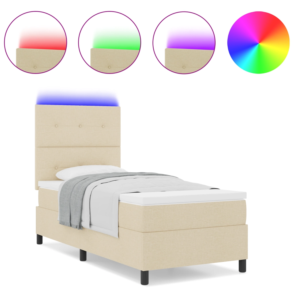 Letto Box Spring con materasso e LED crema 90x200 cm in tessuto