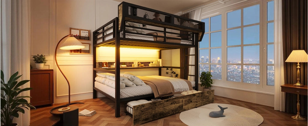 DESMIU Letto a castello 140 × 200 cm 2 posti con ripiano, cestino, 2 cassetti e LED, senza materasso, nero