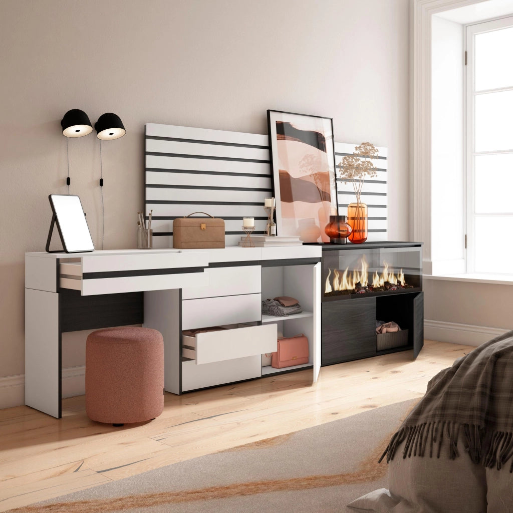 Tavolo da toeletta, 284x35x145cm, Con cassetto, Camino elettrico XXL, Cassettiera, Pannelli Decorativi, Bianco RF3457