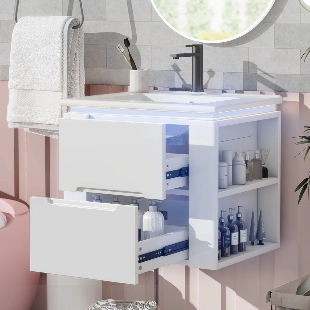 Mobile sottolavabo sospeso con lavabo in ceramica, 2 cassetti, illuminazione a sensore LED, bianco 61 × 46 × 48.5 cm