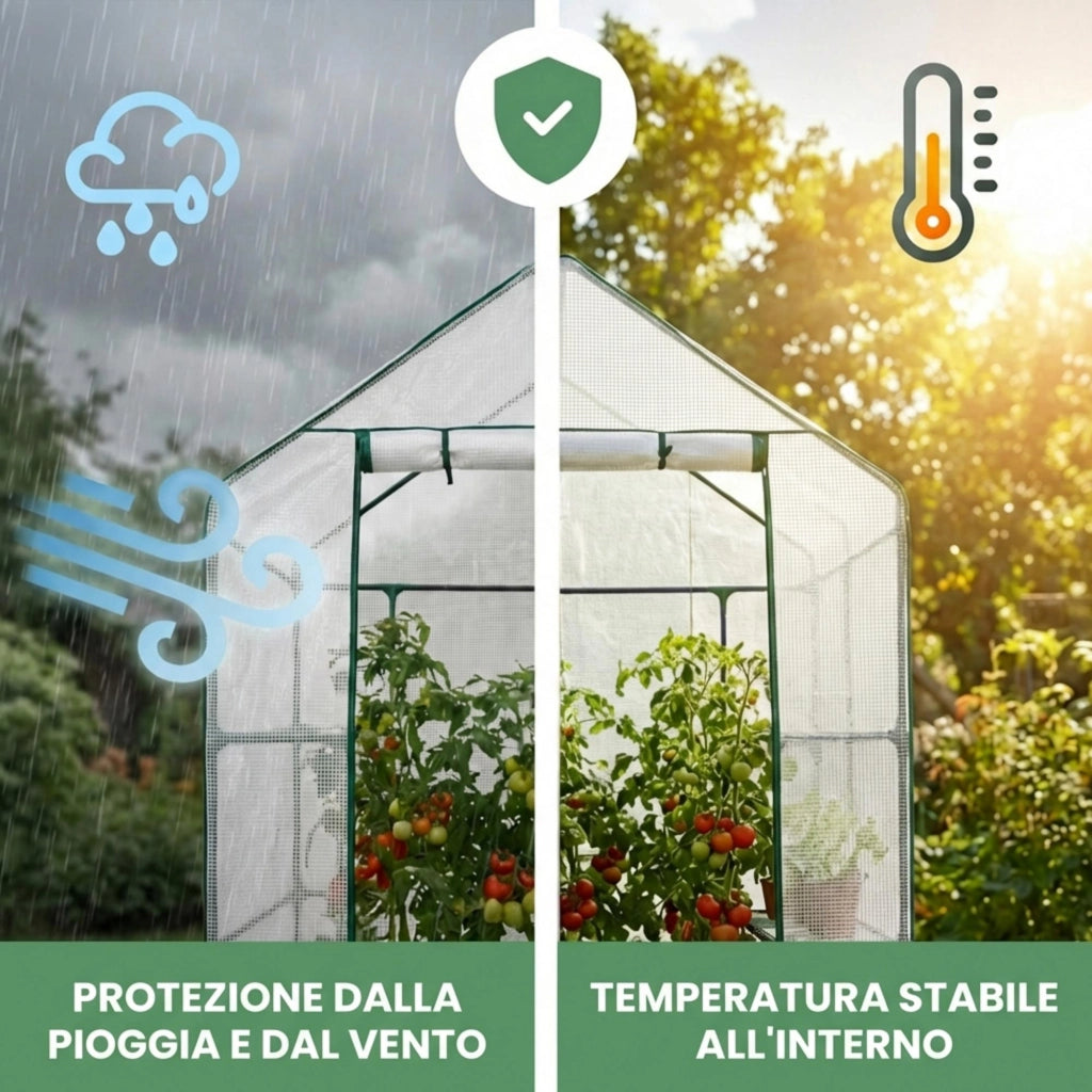 Mini serra da giardino a casetta con struttura in metallo e telo in PE con ripiani 1 porta Bianco 143x73x195 cm