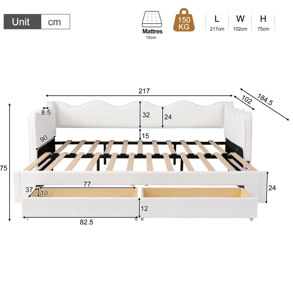 Letto daybed estraibile 90x200 cm con rete; 2 cassetti e porte USB; boucl茅 beige