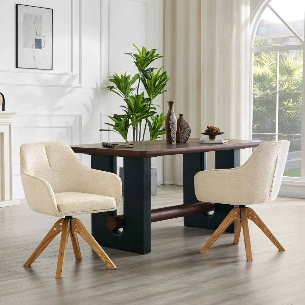 Sedia da sala da pranzo girevole con braccioli e schienale ergonomico in tessuto beige e legno di quercia