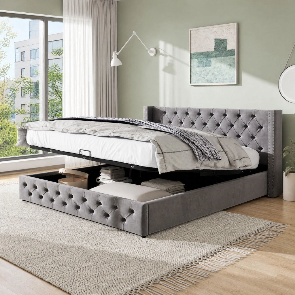Letto matrimoniale contenitore 160x200 in velluto grigio stile Chesterfield con rete a doghe e testiera alta