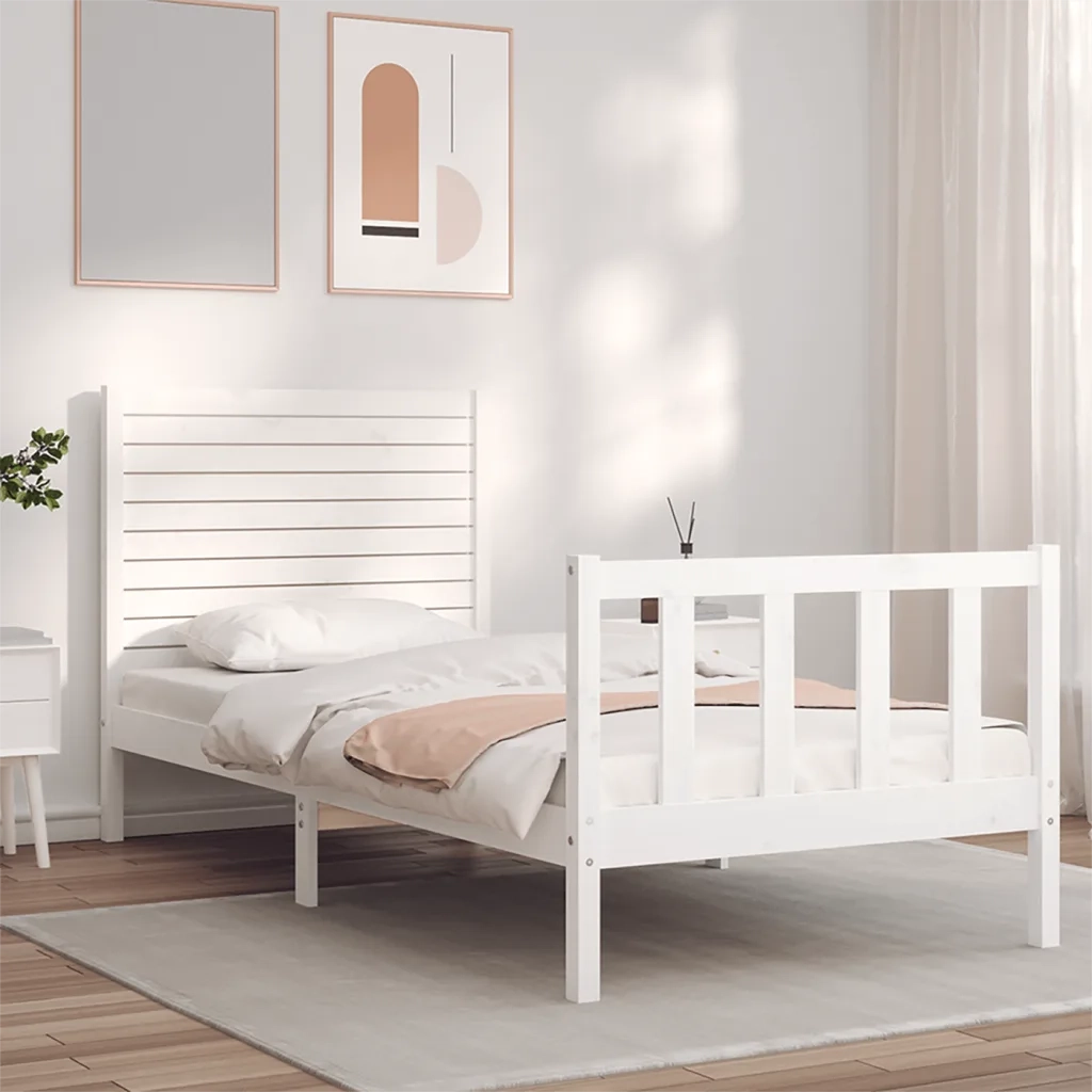 Giroletto con Testiera-Struttura Letto con testiera Bianco Single in Legno Massello 315186