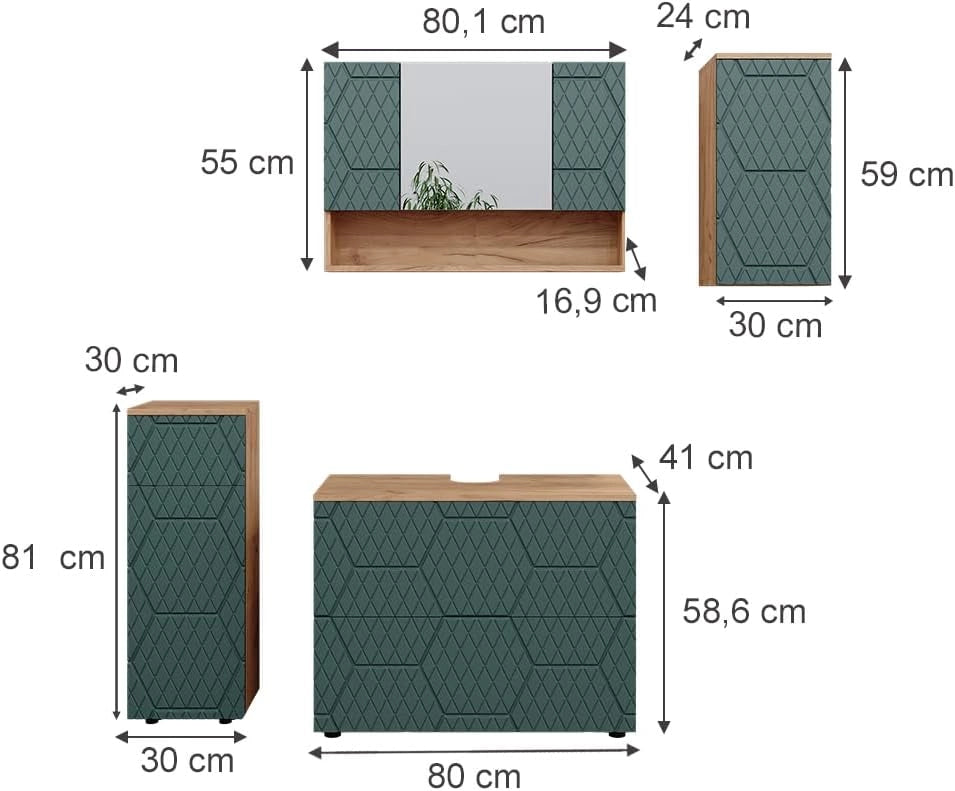 Set mobili bagno Irma, Quercia verde/oro, 4 parti