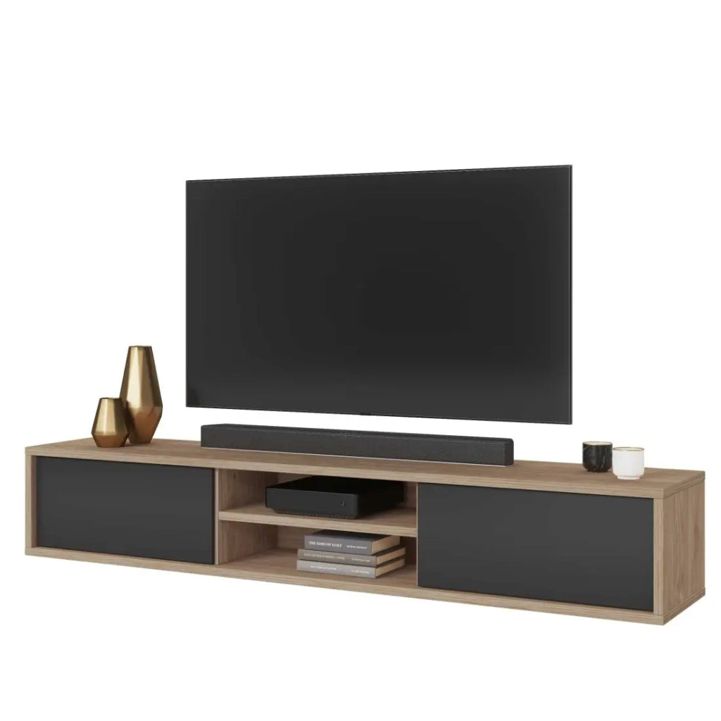 Mobile TV 180cm, 2 porte e 2 nicchie collezione MAANUM. Colore quercia chiara e grigio.
