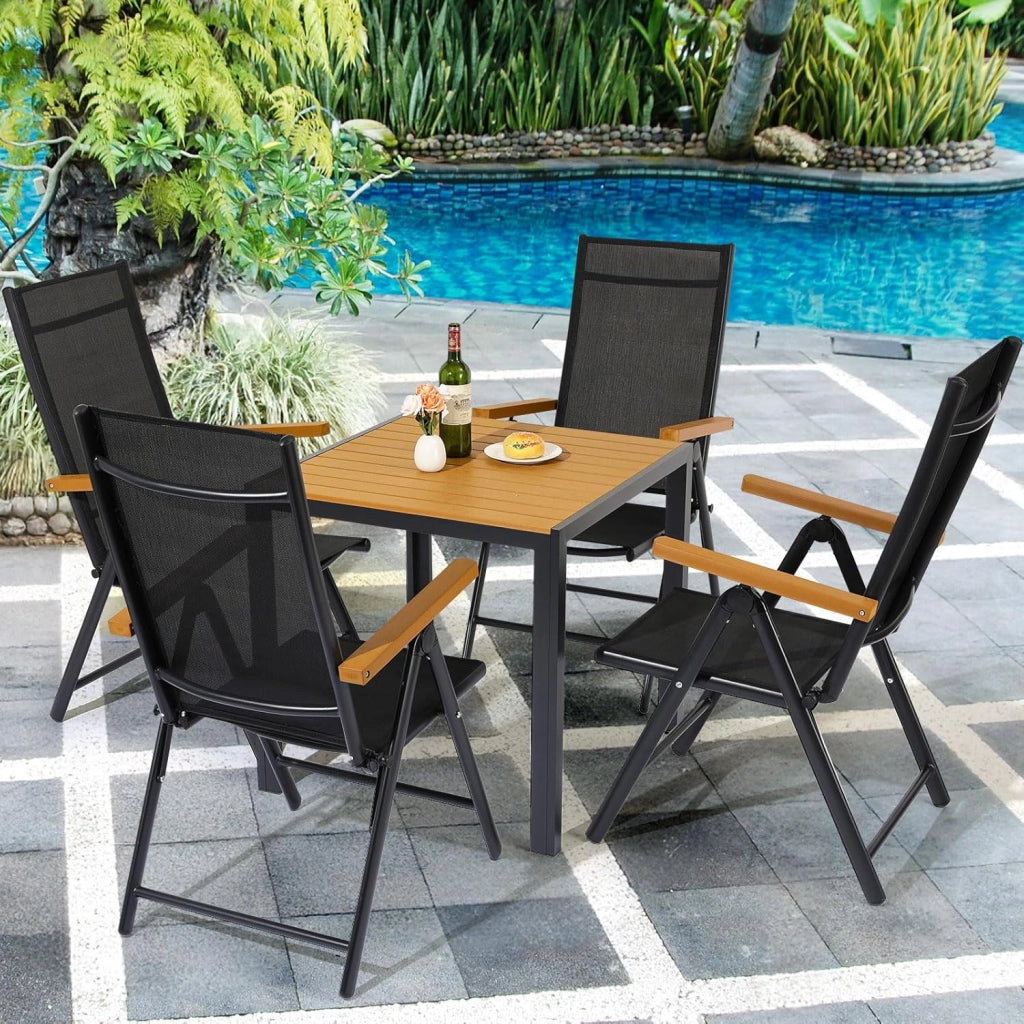 Set di 4 Poltrone da Giardino con Bracciolo Simil Legno, Pieghevole in Alluminio con Schienale Alto Regolabile in 7 Posizioni, per Balcone o Campeggio, Traspirante.
