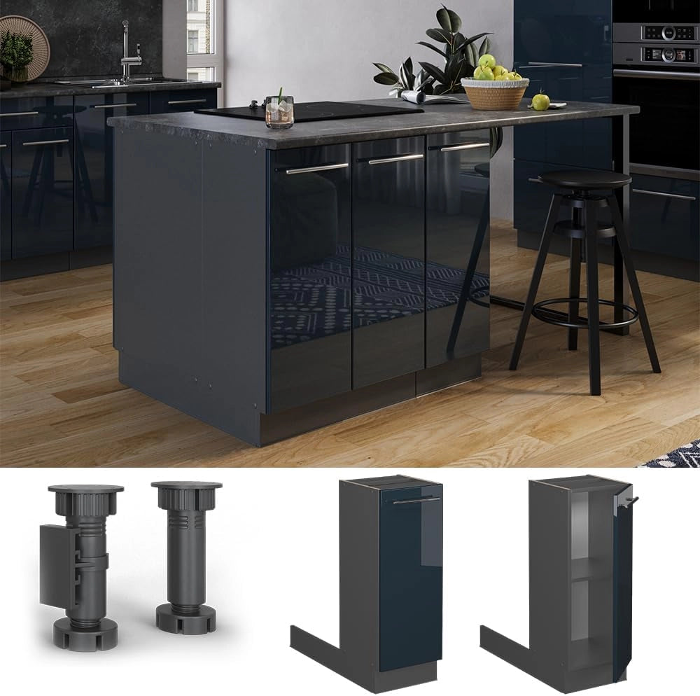 isola cucina Fame-Line, Blu scuro lucido/Antracite, 30 cm senza piano di lavoro
