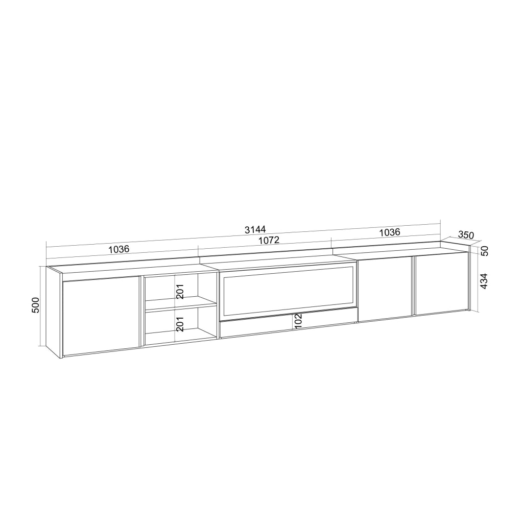 Mobile TV Soggiorno, 315x50x35 cm, Per TV fino a 80", Camino elettrico XXL, Sospeso, da appendere, LED, Nero e rovere
