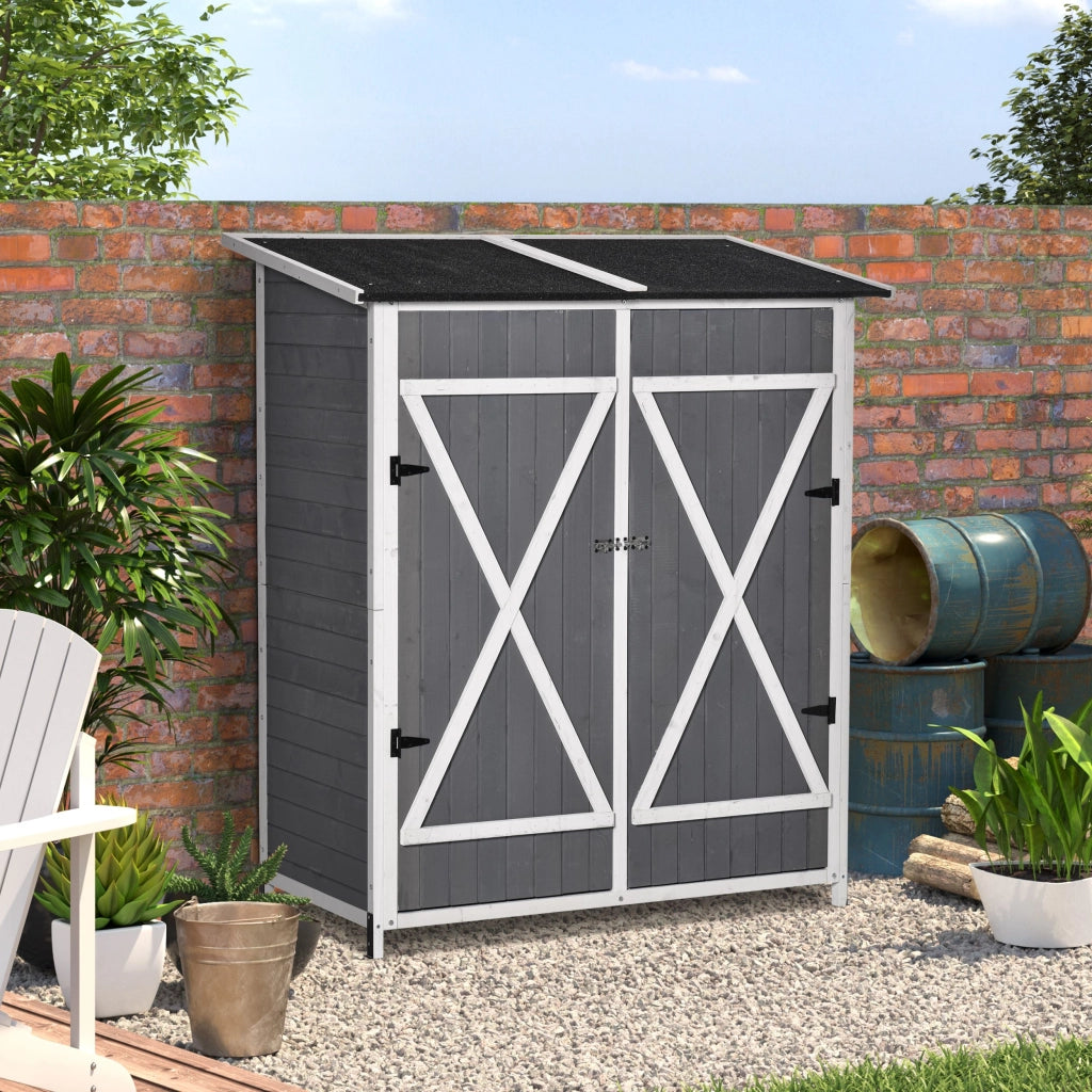 Armadio da Giardino con 2 Porte e Tetto ¨C zephmum ¨C Grigio+Bianco in Abete 139x75x160 cm