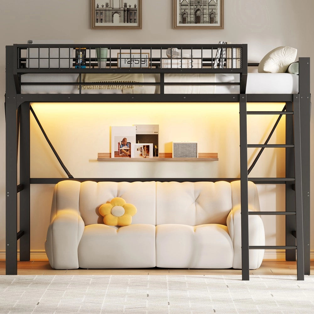 Letto a soppalco ¨C Minimal ¨C nero metallo con LED 90x200 cm