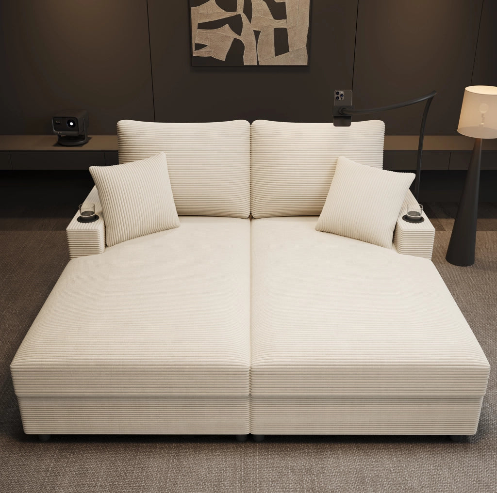 Divano 2 posti modulare con funzione relax; USB e USB-C; porta telefono e portabicchieri; 163 cm beige