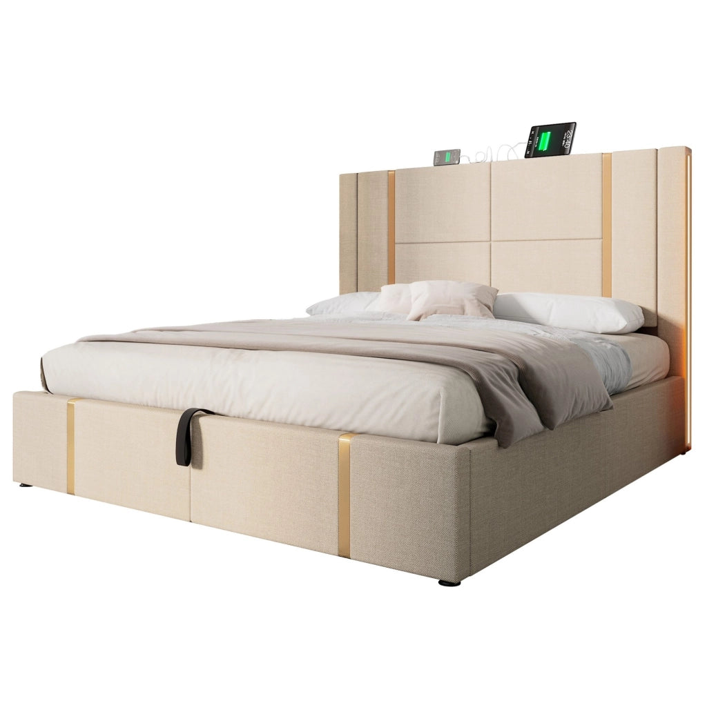 Letto matrimoniale imbottito 160x200 cm beige in lino con LED RGB; USB e USB-C; contenitore