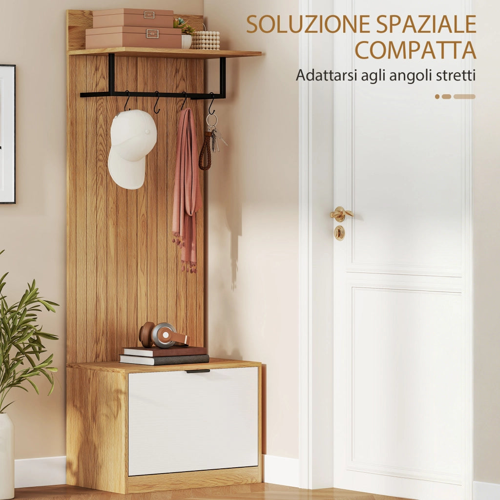 Mobile da Ingresso 60x30x170 cm con Panca Scarpiera e Appendiabiti con 4 Ganci in MDF e Metallo Rovere e Bianco