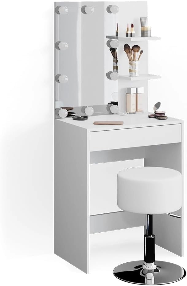 Vicco Tavolo da toeletta Isabelle, Bianco, 60 cm con illuminazione LED e sgabello, Salvaspazio e funzionale allo stesso tempo
