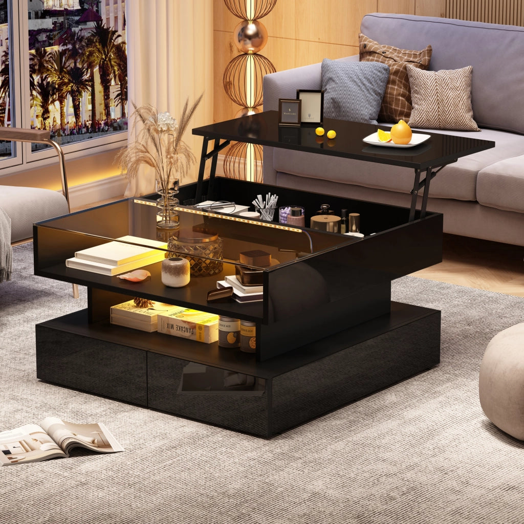 Tavolino da caffè 80x80x45 cm; alzabile con vano nascosto e LED; pannello truciolare e vetro temperato nero
