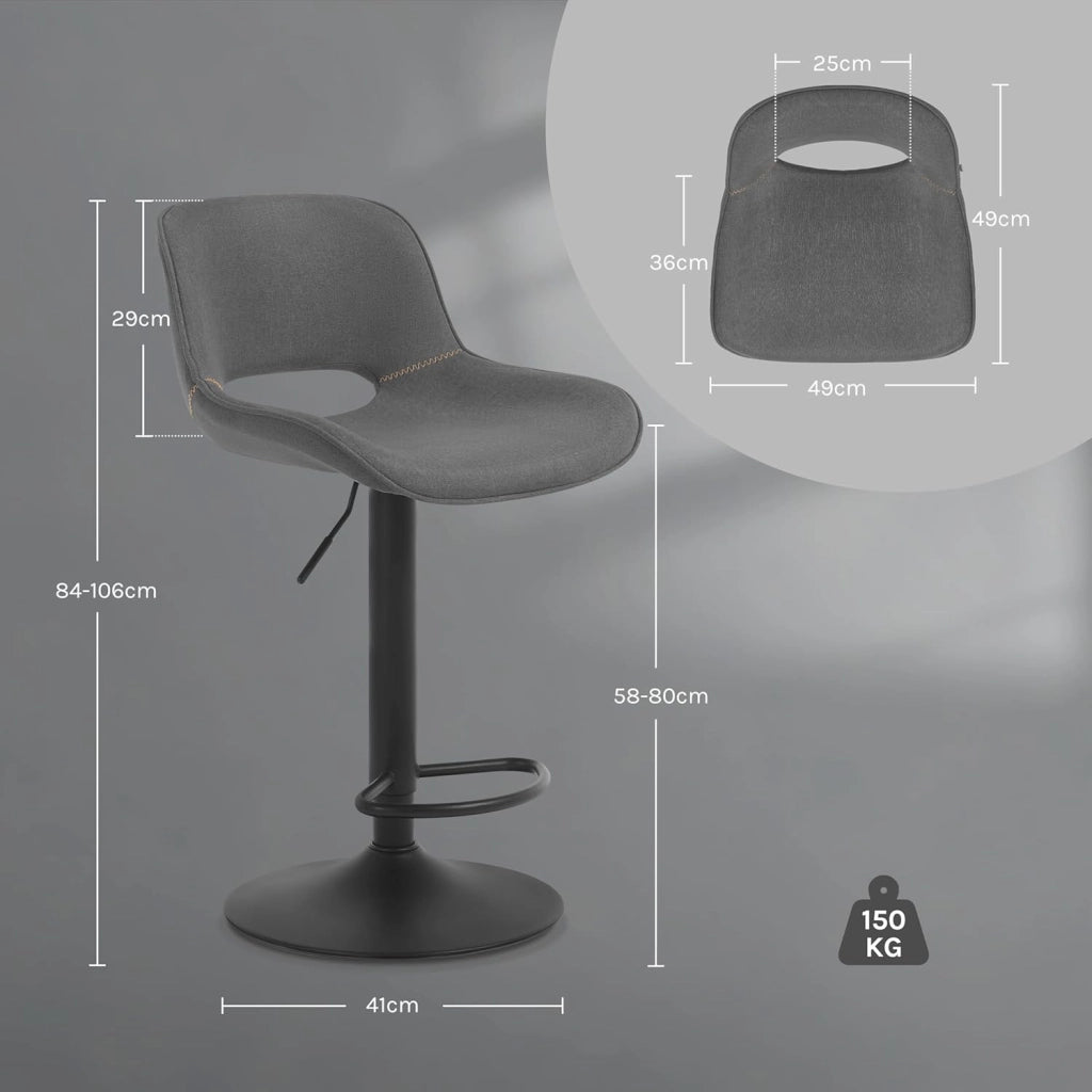 Set di 2 Sgabelli da Cucina, Sedia da Bar in Lino, Sgabello Regolabile in Altezza, con Schienale, Seduta Imbottita Girevole a 360°, per Bistrot, Pub, Base in Metallo, Grigio, BH438gr-2