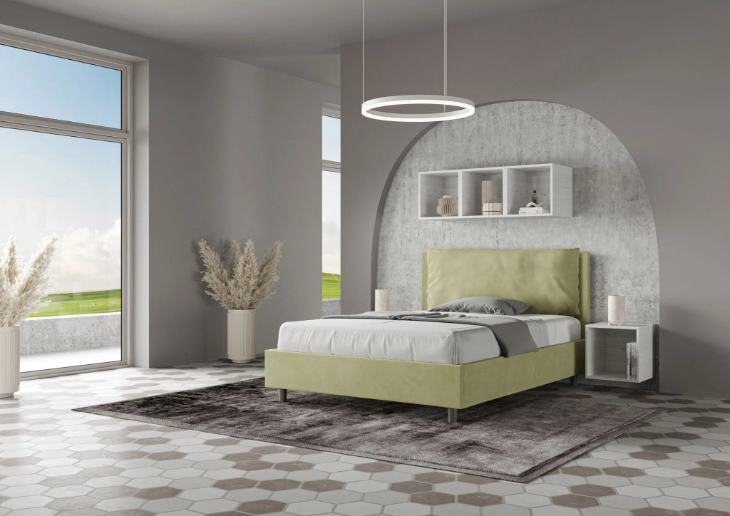 BS COM Letto matrimoniale francese contenitore imbottito 140x190 microfibra tè verde Large