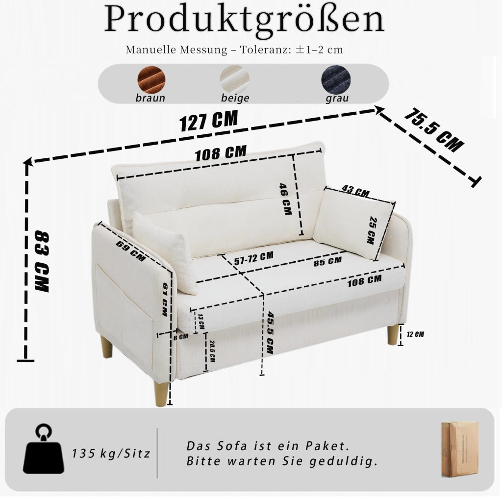 Divano a due posti compatto con braccioli, tasche laterali, schienale ergonomico e struttura in legno beige