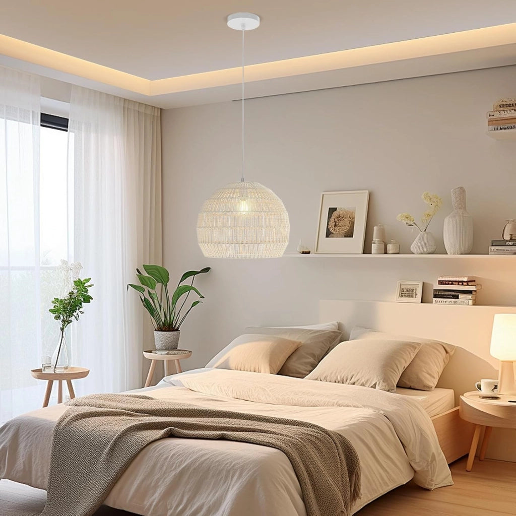 Lampada a Sospensione, Lampadario Moderno con Struttura in Metallo e Cupola in Carta, Luce con Altezza Regolabile per Cucina, Camera da Letto e Soggiorno, 43 x 43 x 34 cm (Beige)