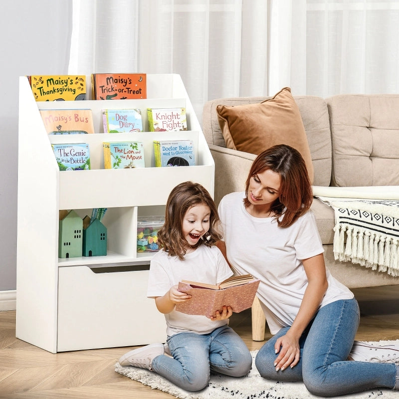 Libreria per bambini con cassetto, 3 ripiani e 2 vani aperti, bianca, 60 x 29,9 x 90 cm