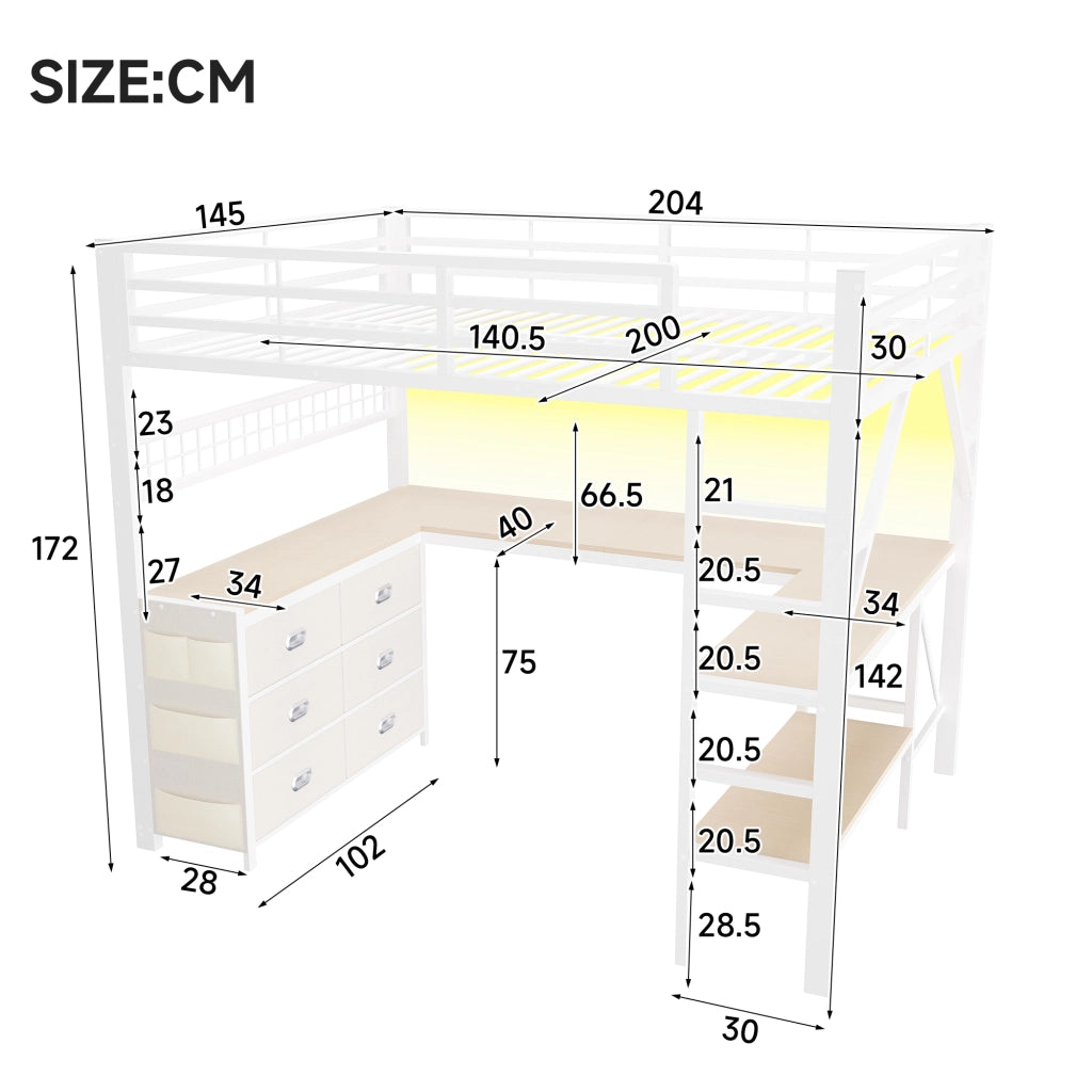 Letto a soppalco gaming 140x200 in metallo bianco con scrivania cassetti e luci LED
