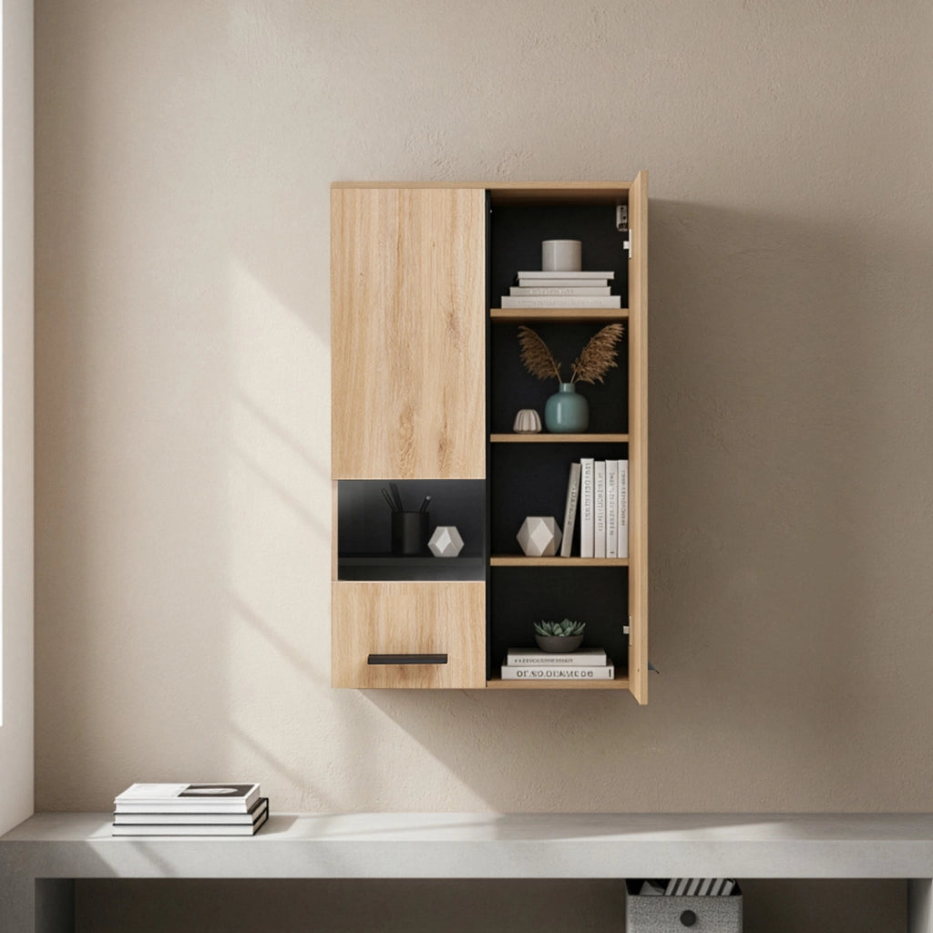 Mobile Pensile Noppen a Parete con 2 Ante e Finestrella 98 x 60 x 35 cm - Effetto Rovere [en.casa]