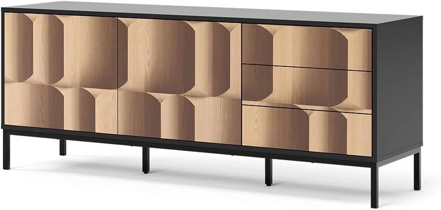 Lowboard Eliza, Quercia dorata/antracite, 150 x 60 cm con 3 cassetti, utilizzabile come supporto TV e per la conservazione