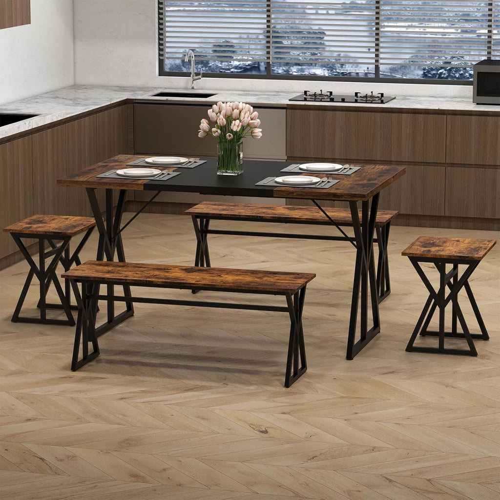 Set da Pranzo 5 Pezzi per 4-6 Persone, Tavoloda Cucina Rettangolare Industriale con 2 Panche e 2 Sgabelli, Set Pranzo Salvaspazio con Struttura in Metallo per Appartamento e Angolo Colazione