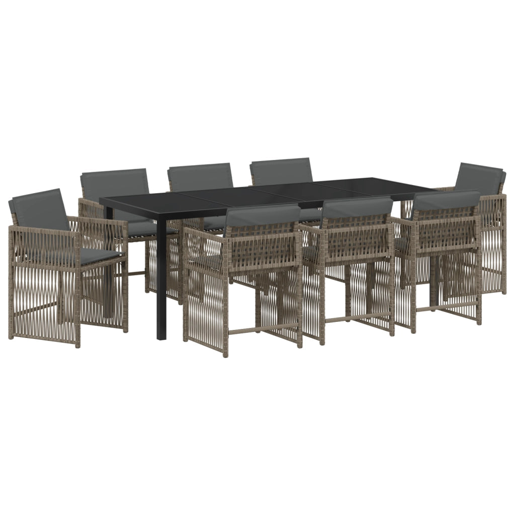 Set da Pranzo per Giardino da 9 Pezzi con Cuscini Grigio Polyrattan