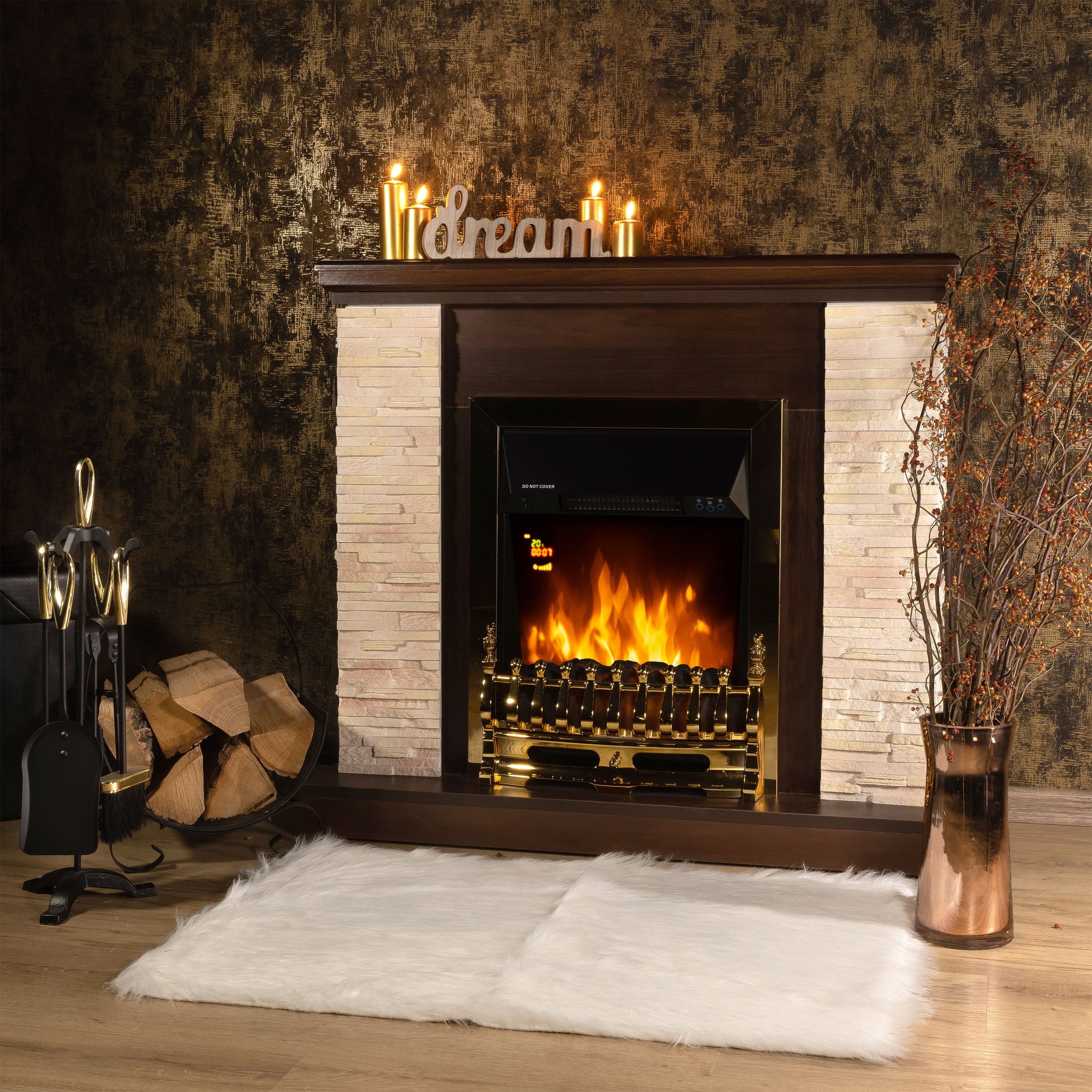 Camino Elettrico da Pavimento 90,3x98x30 cm Effetto Fiamma 2000W Rock & Galileo Gold Noce