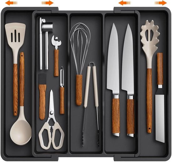 Organizzatore per la cucina, cassetta per stoviglie espandibile grande, scomparti per posizionare posate, spatola in plastica per la cucina, ripostiglio per strumenti e accessori, nero