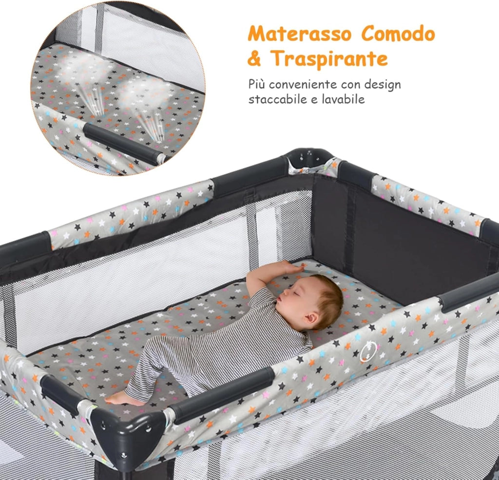 Lettino da Campeggio con Materasso, Lettino da Campeggio per Neonati, Culla da Viaggio Portatile con 2 Ruote, Borsa, per Bambini 0-36 Mesi, 125 x 65 x 76 cm (Grigio)