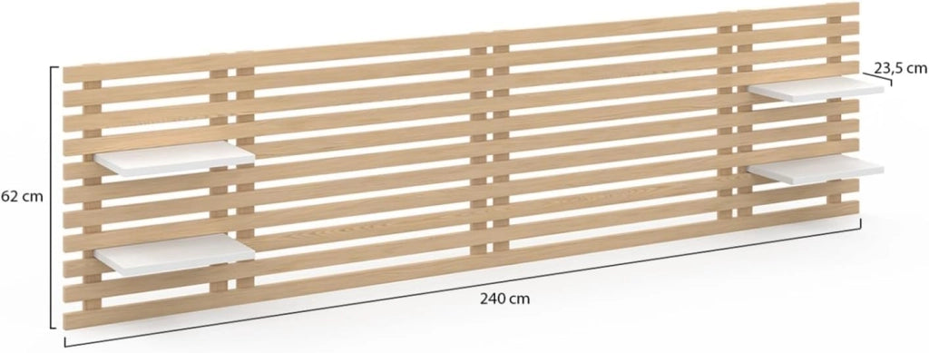 Testiera effetto doga 240 cm in legno chiaro e ripiani bianchi AVA