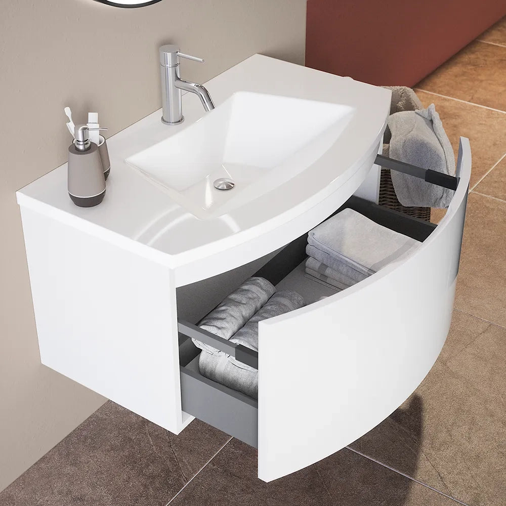 Mobile sospeso 100 cm bianco lucido con un cassetto e lavabo in ceramica, frontale curvo | Lula