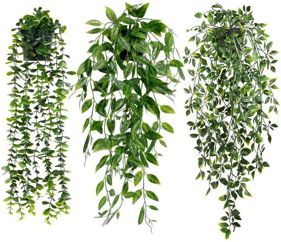 3 pezzi di piante artificiali da appendere, con vasi, piante artificiali pendenti, 63 cm foglie di eucalipto in un vaso, piante artificiali come vere per la decorazione della casa e del giardino